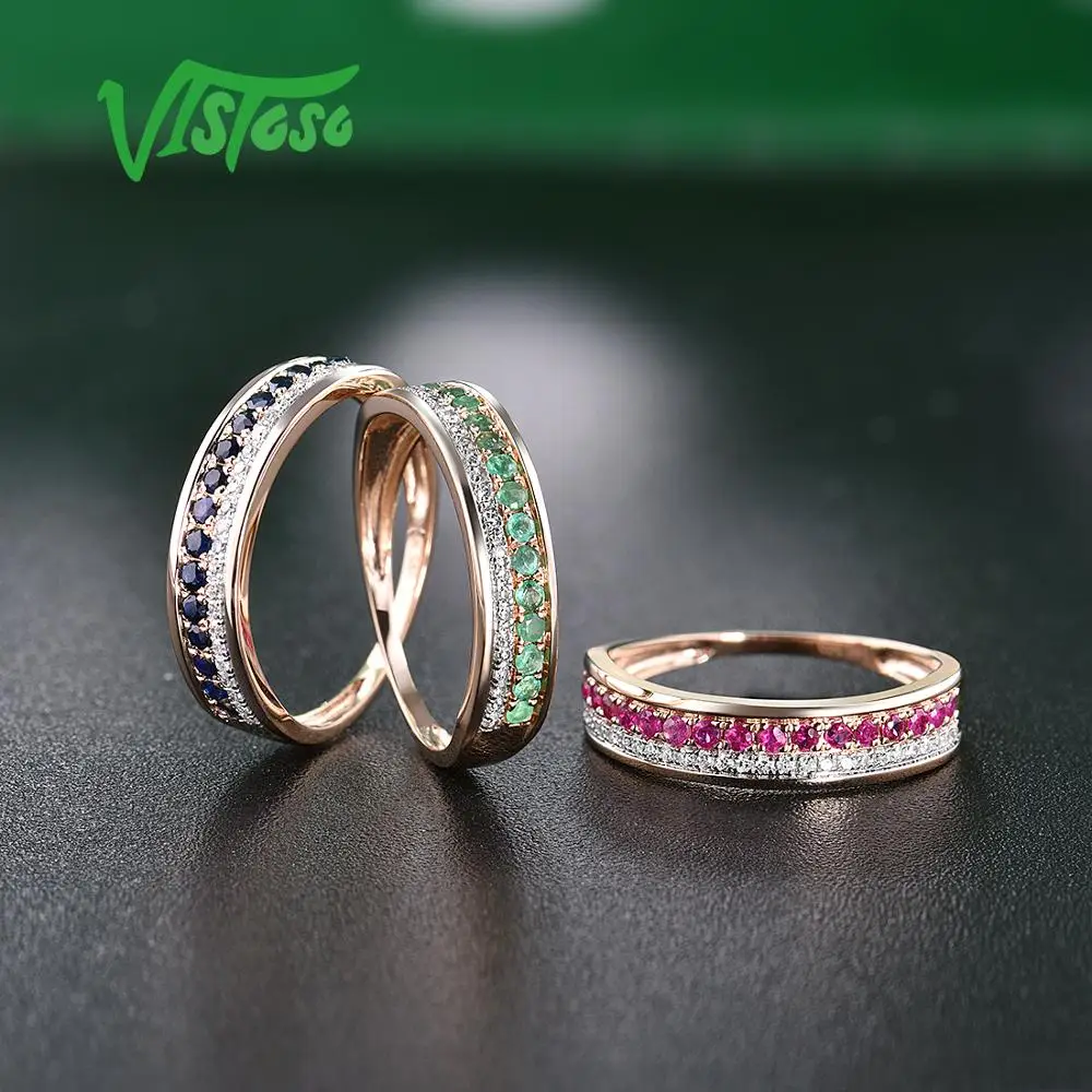 VISTOSO 14K Rose Gold Rings For Lady Genuine Shiny Diamond Fancy Ruby Sapphire Emerald Engagement Anniversary Chic Fine Jewelry