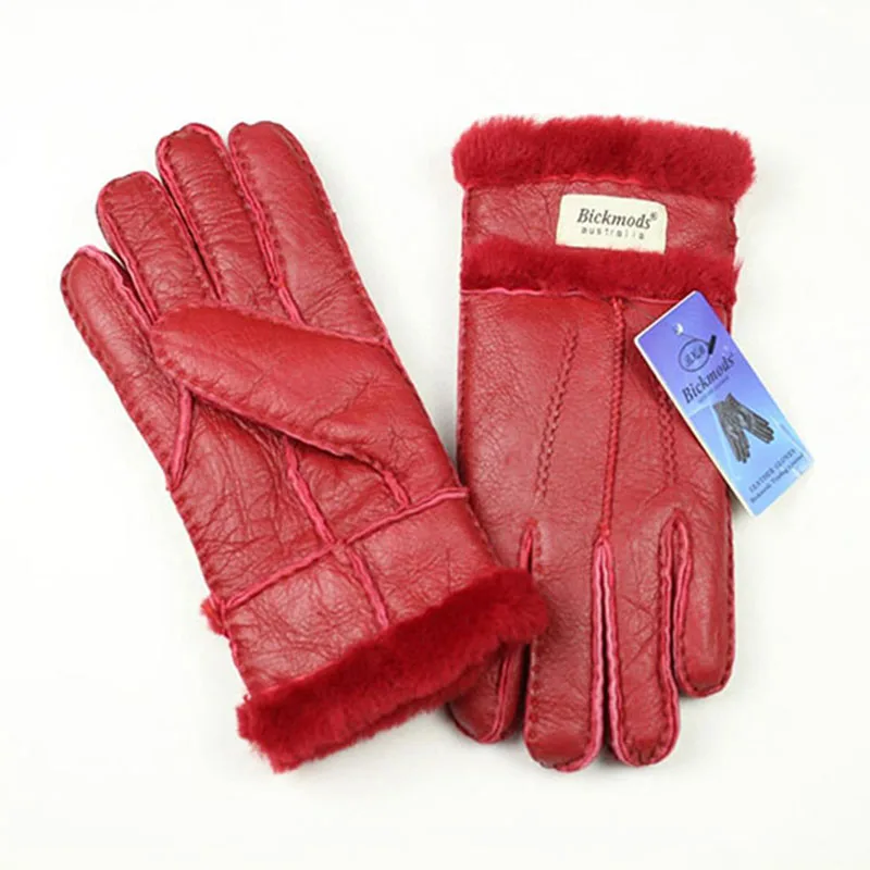 Leather Sheepskin Fur Gloves Women Hand-stitched Winter Thick Warm Wool Multicolor Stitching Style Finger Gloves