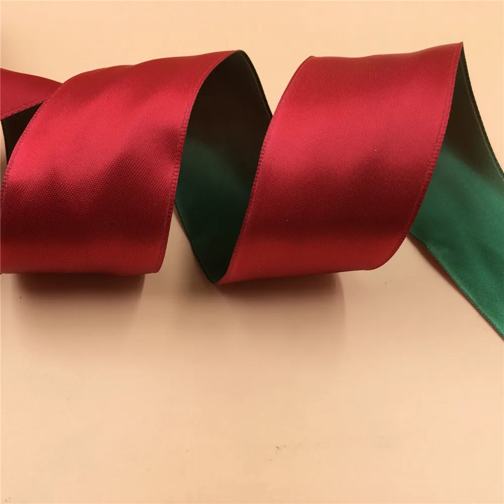 38MM X 25yards two tone reverse green red satin ribbon wire edged for gift box packaging N2242