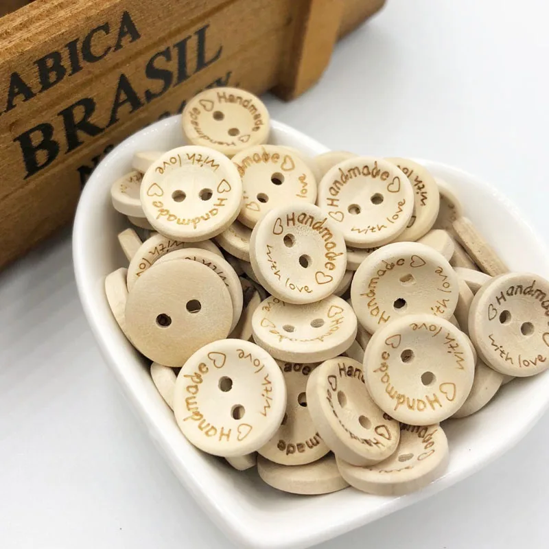 100Pcs 2 Holes Wooden Buttons for Clothing Handmade Letter Love Scrapbooking Wedding Dress Buttons 15 20 25mm WB543