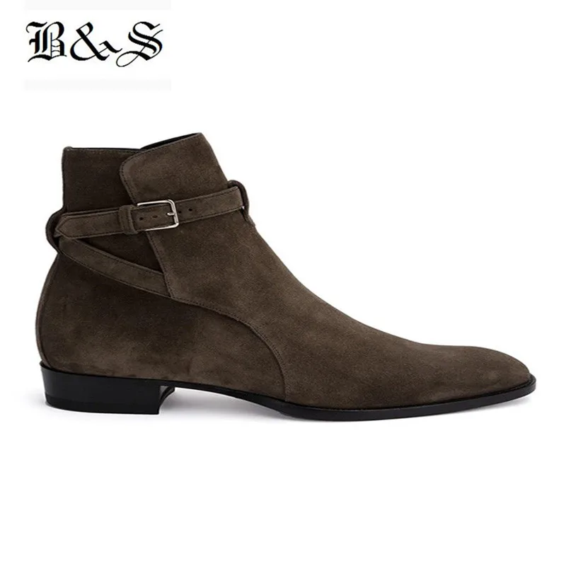 

Black& Street Pointed Toe Wyatt Harry MID Buckle Strap Gentle Elegant Men Boots Suede Leather Dress Banquet Chelsea Boots