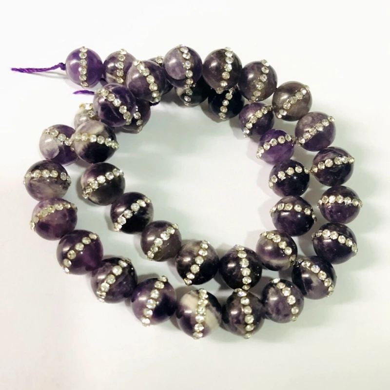 

Natural Amethyst Bead With Water Crystal,8MM 10MM Round Gem Stone Loose Beads CZ Zircon Crystal Inlay,1string of 37 beads