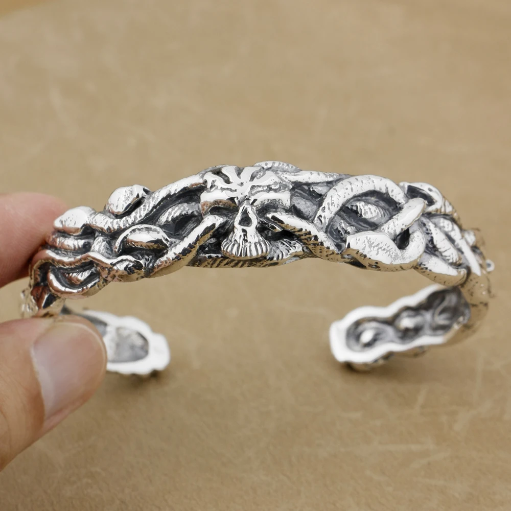 

925 Sterling Silver Snakes on Skull Mens Biker Rock Punk Bangle 9B009 Fit 6.0 ~ 7.5 inches Wrist
