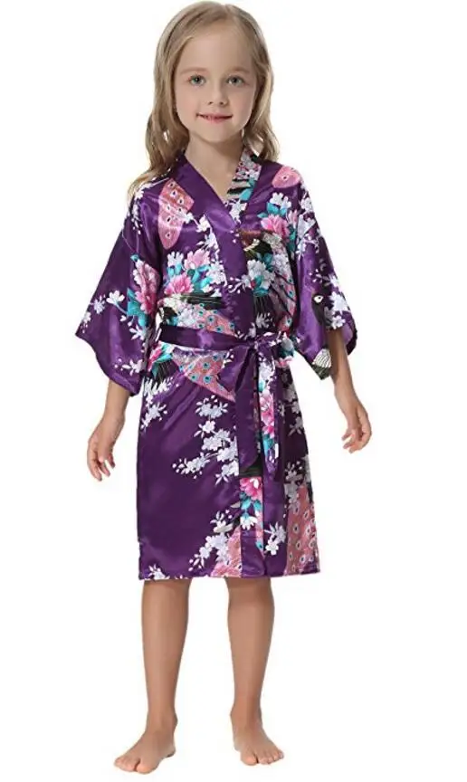 Kids Robe Satin Children summer Kimono Bath Robes Bridesmaid Flower Girl Dress Silk children's bathrobe Nightgown Peacock robe