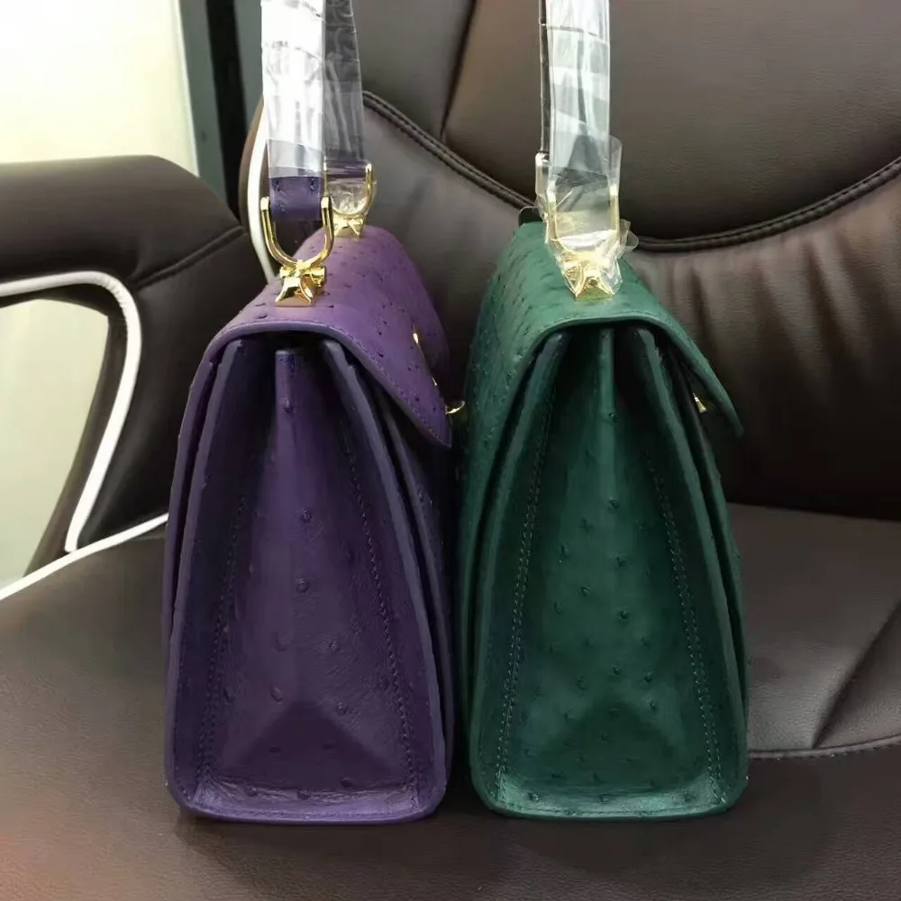 100% Genuine Ostrich Leather Skin Women top handle Bag, High End Quality lady cross body shoulder bag Yellow green pink purple