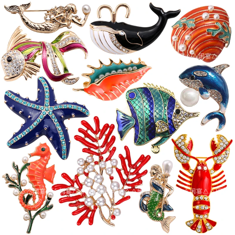 1pc New retro starfish Diy Brooch Vintage Enamel Water grass coral shell ocean Lapel Pins Badge for women New Year