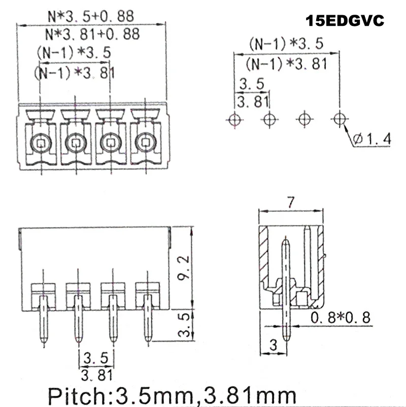 Pitch 3,81 mm vertikaler Stift 2P 3P 4P Schraube Plug-in PCB-Klemmenblock steckbarer Stecker männlich/weiblich 15EDGKA+VC 30/50/100 Sets – Detail 3
