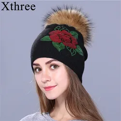 Xthree Female winter hat knitted beanie hat for women Sequins embroidery real fur pom pom wool hat Skullie girls gorro cap