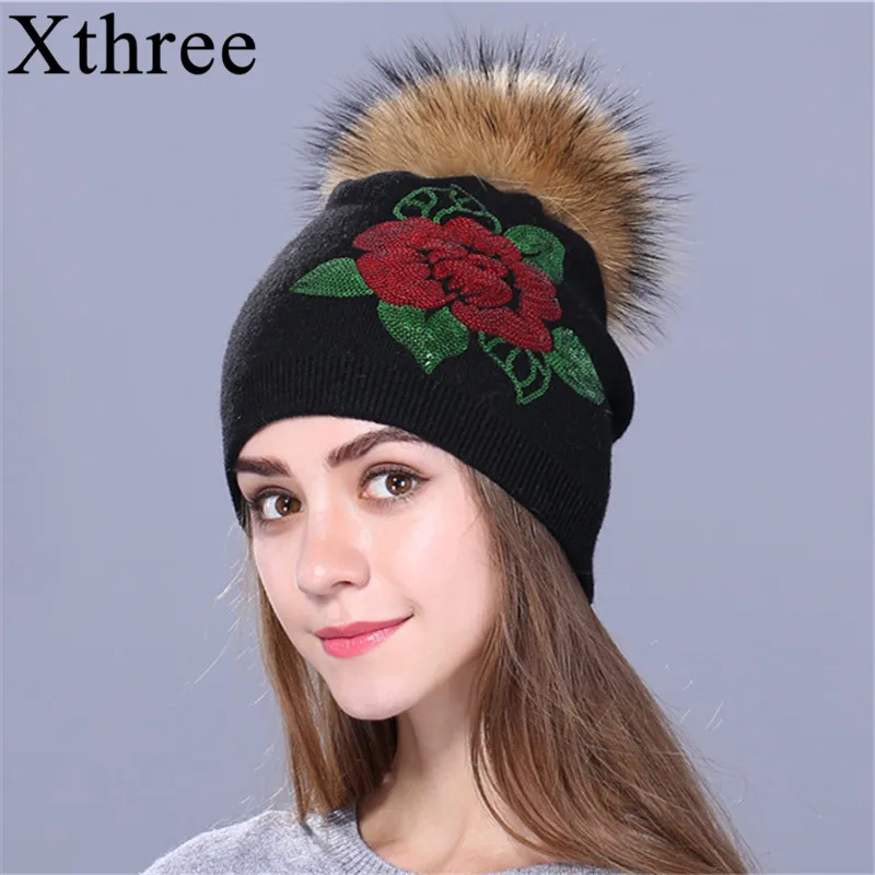 Xthree Female winter hat knitted beanie hat for women Sequins embroidery real fur pom pom wool hat Skullie girls gorro cap