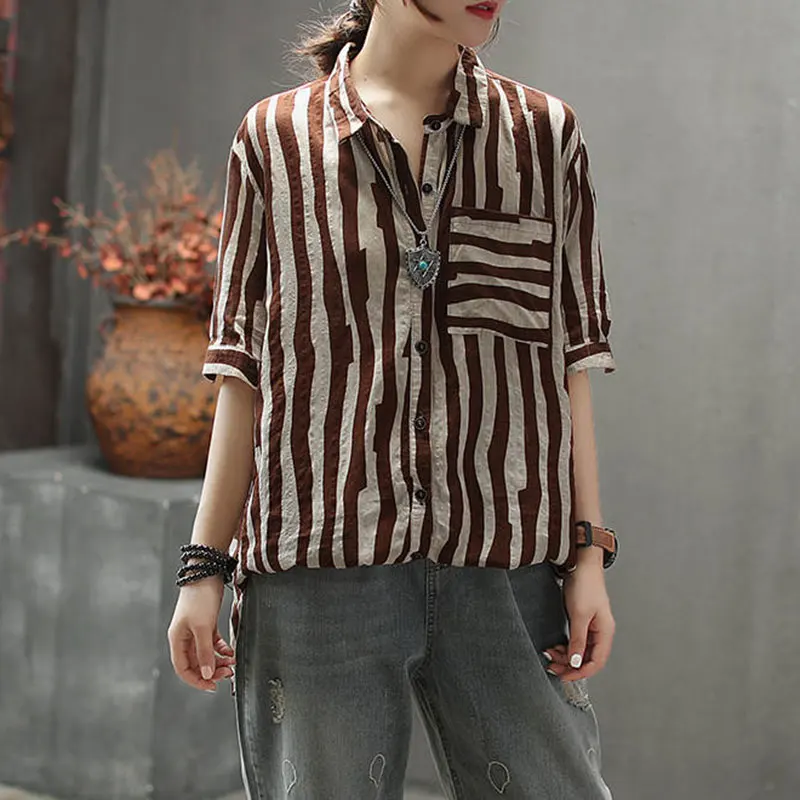 New Arrival Women Shirts Summer Vintage Striped Linen Blouse Turn-down Collar Female Loose Casual Ladies Tops D2