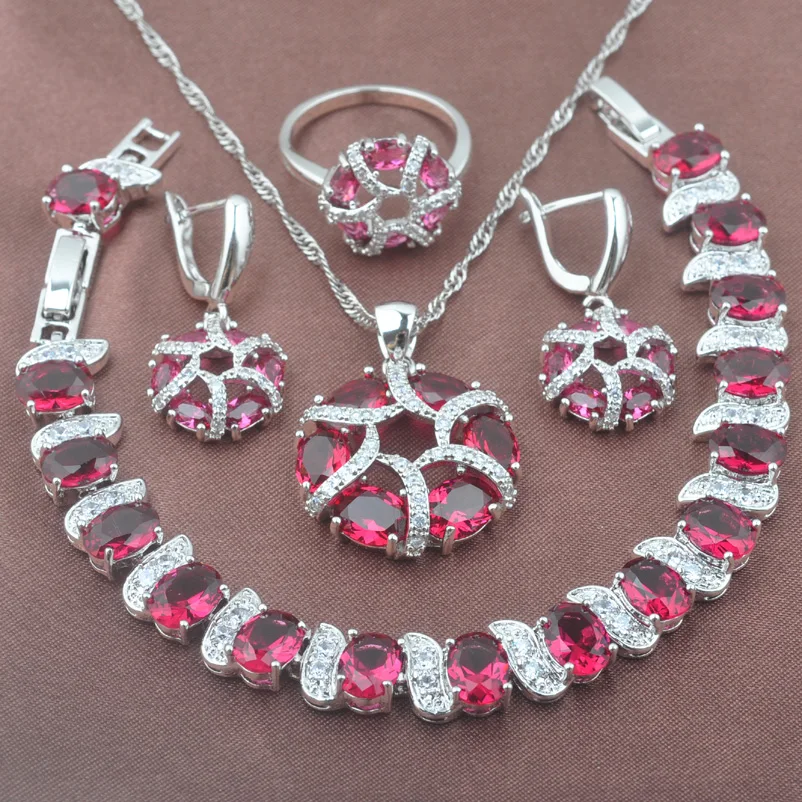 

Unusual Design Rose Red Zirconia 925 Silver Women's Jewelry Sets Bracelet Necklace Pendant Earrings Ring YZ0441