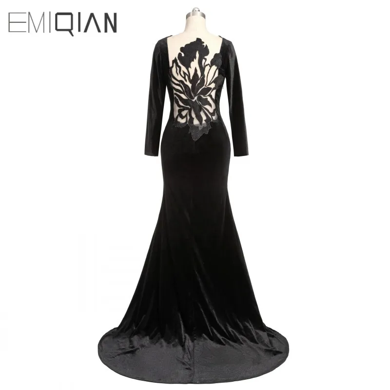 Vintage O-neck Mermaid Long Evening Dress Full Sleeves Floor Length Black Prom Dress with Embroidery