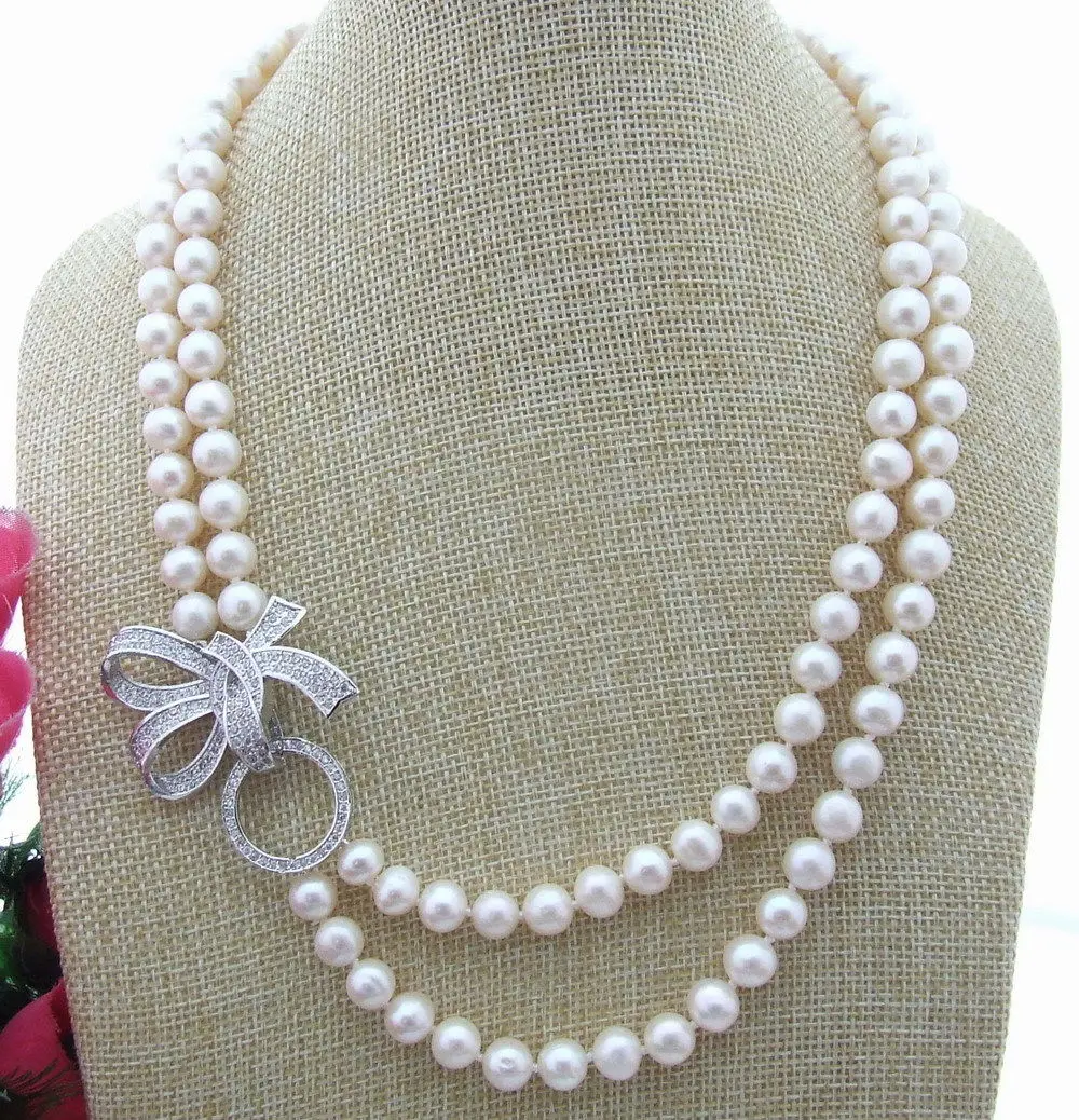 

NEW Natural freshwater pearls 2Strds 8-9MM White Pearl Necklace 20"