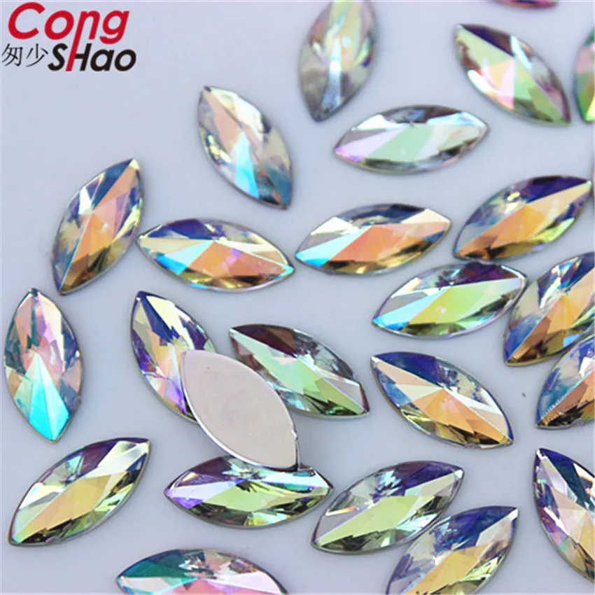 Cong Shao 100pcs 7x14mm Horse Eye AB Acryl Non Hotfix Rhinestone Navette Nail Art Rhinestone Non Hot Fix Crystal for DIY ZZ356