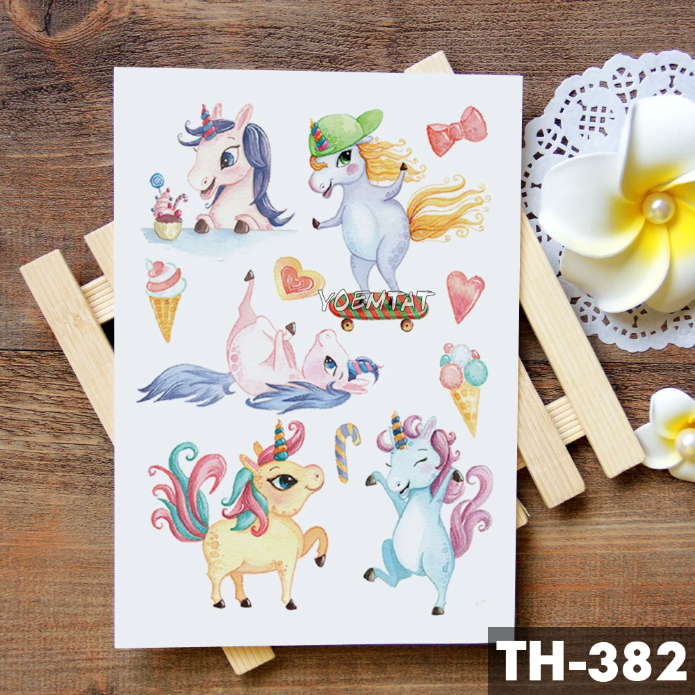 Waterdichte Kinderen Cartoon Tattoo Stickers Eenhoorn Panda Jongen Arm Tatoeages Tijdelijke Meisje Leuke Flamingo Paard Flash Tatoos Pony