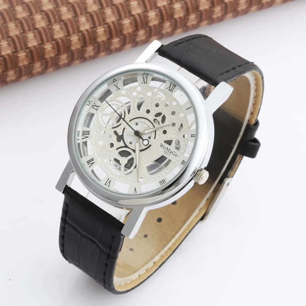 WOMAGE Watch Fashion Men Skeleton Watches Leather Band Quartz Watch Transparent Hollow Watches Mens Watches erkek kol saat