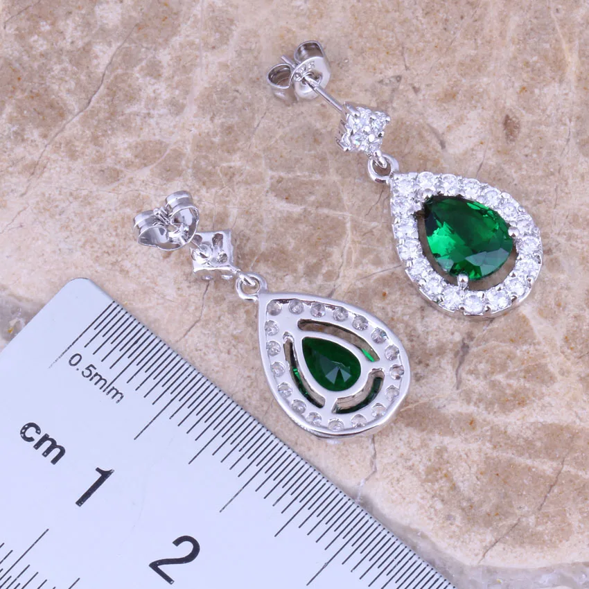 Green Cubic Zirconia Silver Plated Jewelry Sets Earrings Necklace Pendant Ring Size 5 / 6 / 7 / 8 / 9 / 10 / 11 / 12 S0838