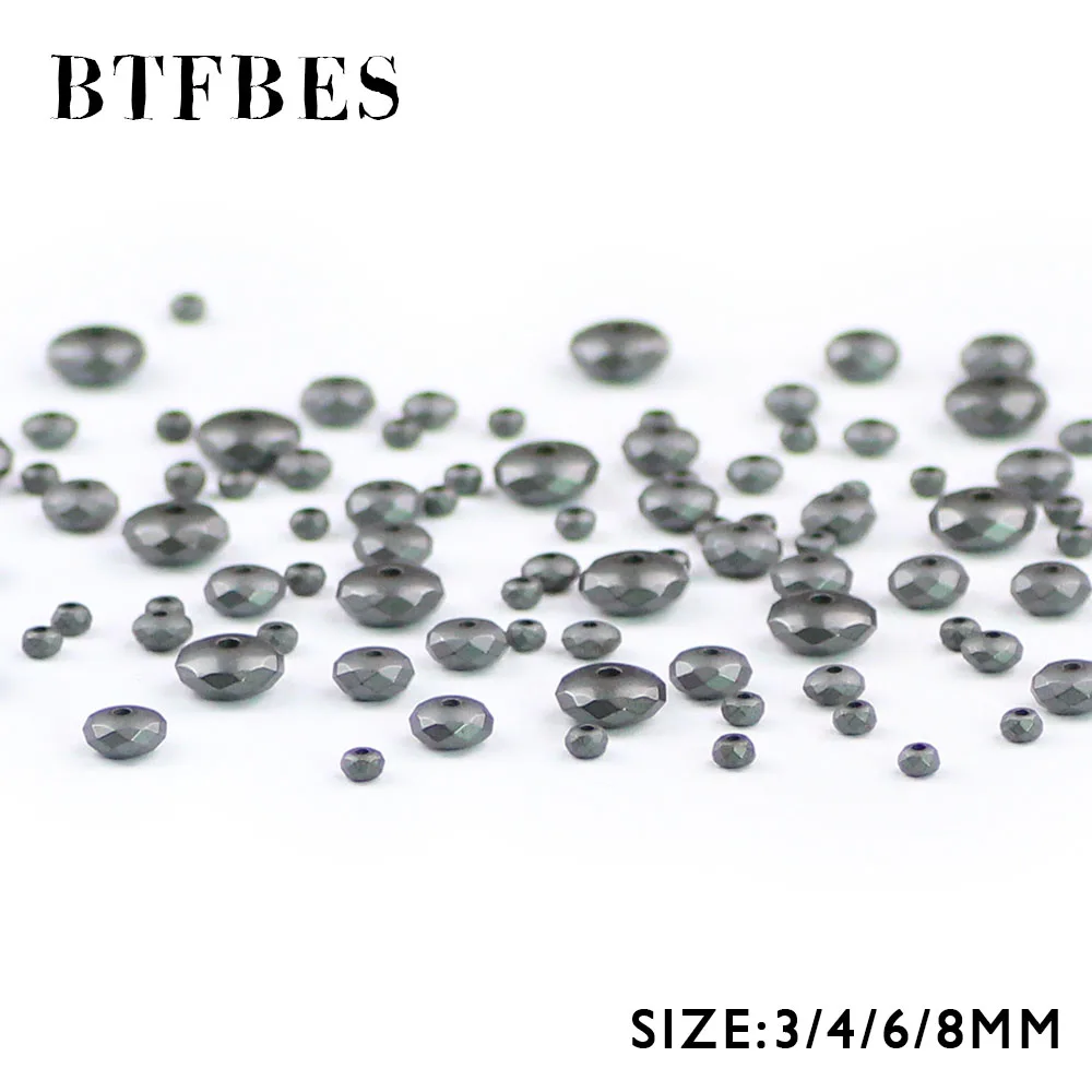 BTFBES Faceted Flat Round Matte Black Hematite Beads Natural Stone 3/4/6/8mm Round Loose Beads For Jewelry Bracelet Making DIY