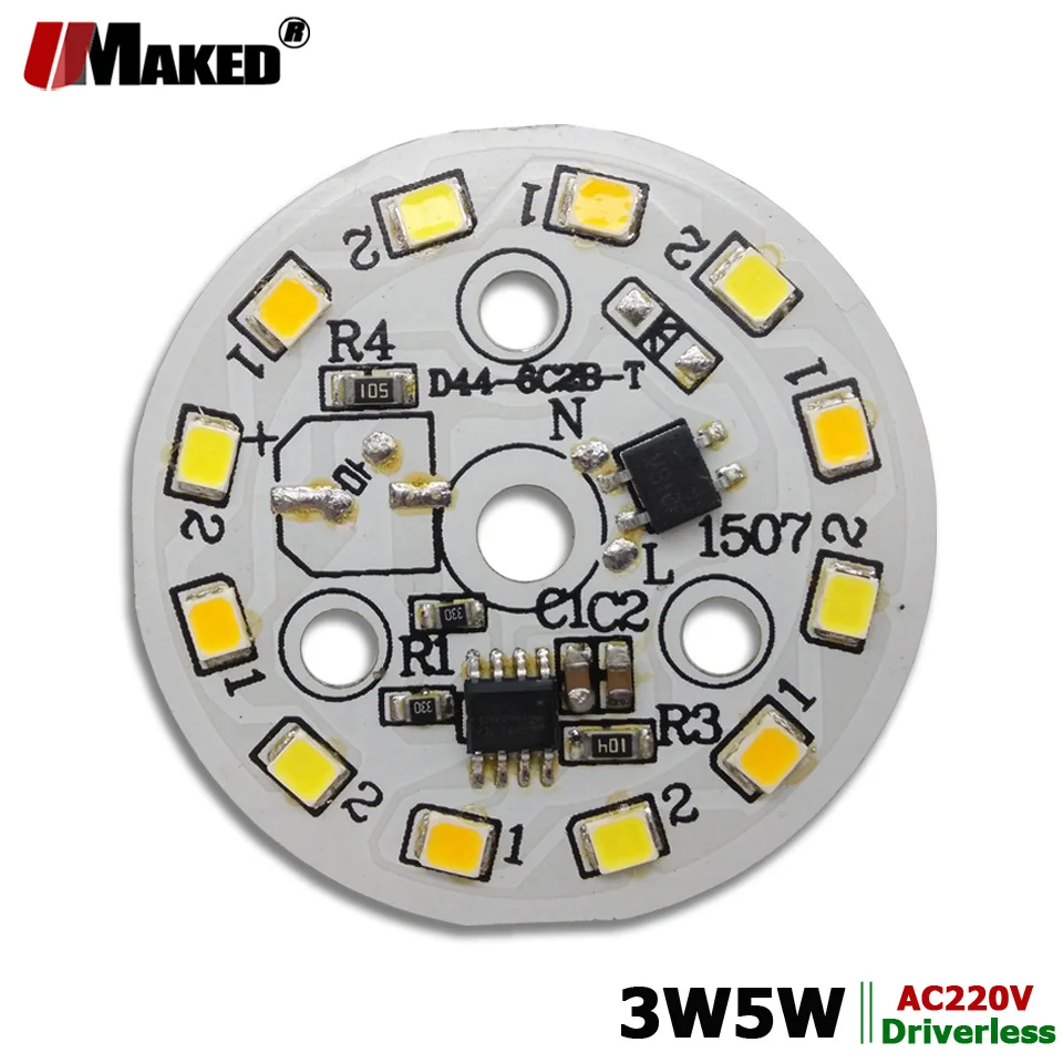 AC220V LED Module Dimmable PCB Light Aluminum plate 3 Color SMD2835 chip smart IC Driver PCB 3W 5W D44mm Downlight Bulb lamp DIY