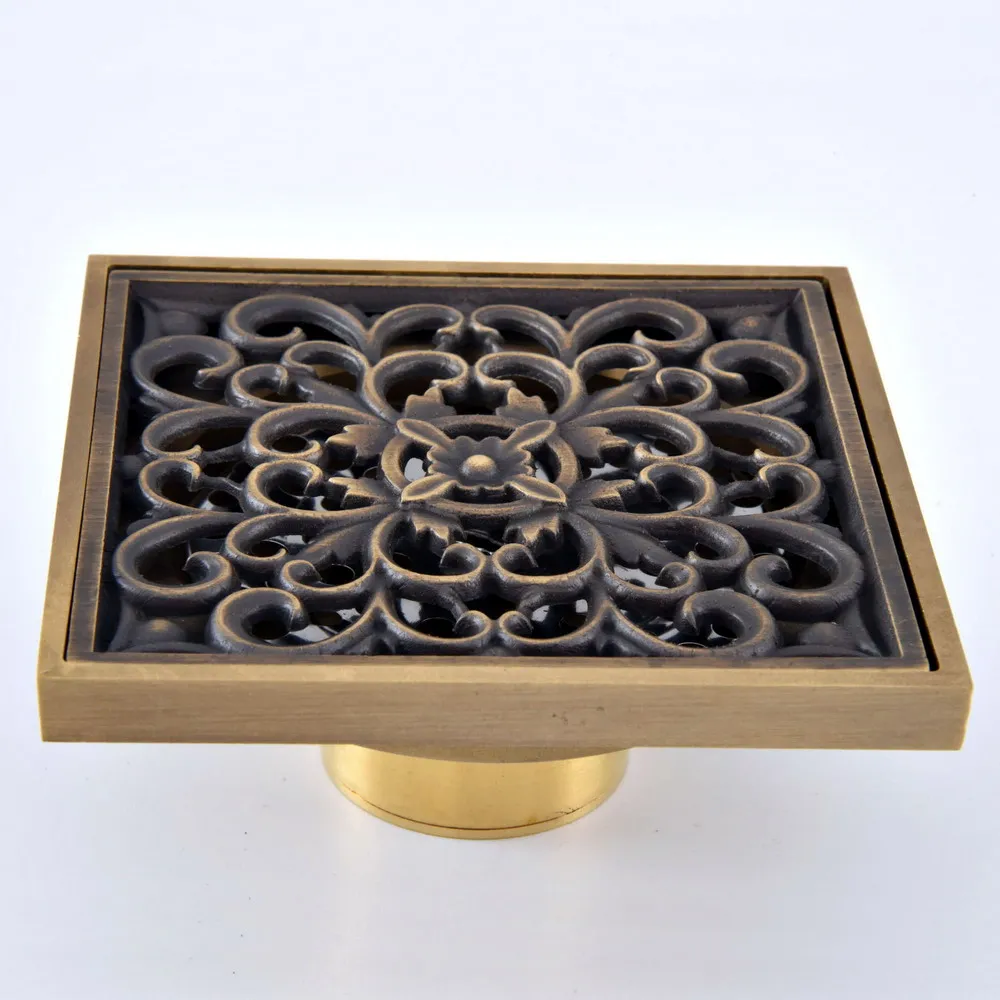 Antique Brass Vintage Carved Flower Pattern Bathroom Shower Drain 4