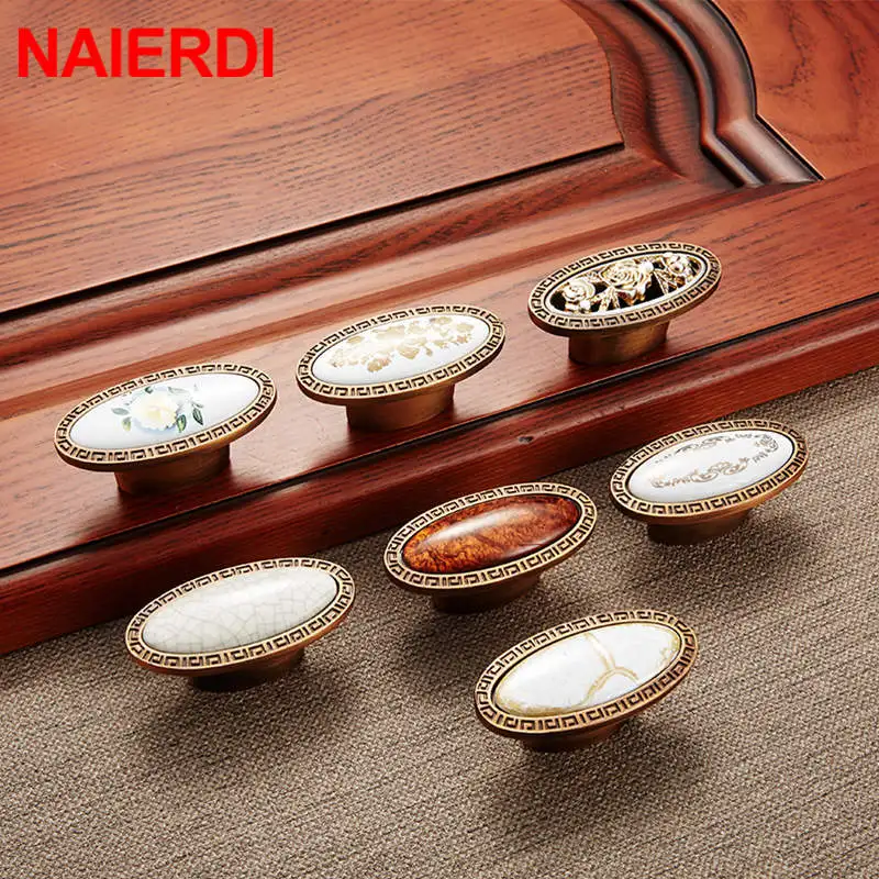 NAIERDI Vintage Ceramic Gold Cabinet Handles Drawer Knobs Zinc Alloy Wardrobe Door Handles Pulls European Furniture Handle