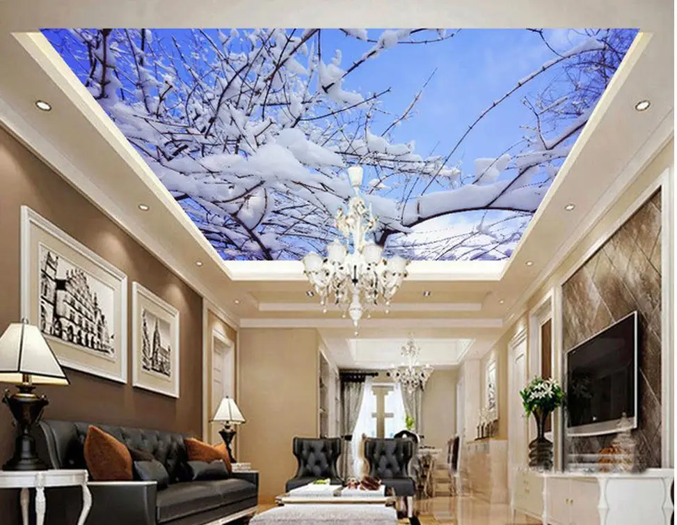 

3d customized wallpaper Home Decoration Sky spring snow forest landscape ceilings murals wallpaper 3d ceiling