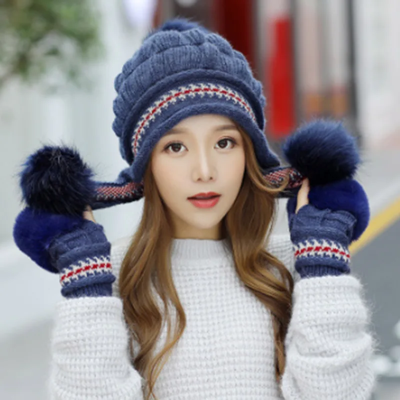 MAERSHEI Hot Ski Girl Women Beanies Skullies Female Cap warm 2020 Brand New Large Pompons Hot Skins Gloves Hat Knit Winter Hats