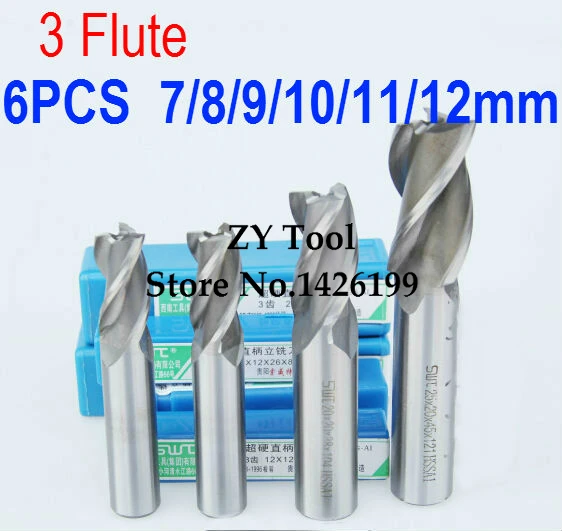 6 pcs/set 7.0~12.0mm 3 Flute Milling Cutter Aluminium End Mill Cutter CNC ,Lathe Tool,Equipment milling cutter rotary cutter