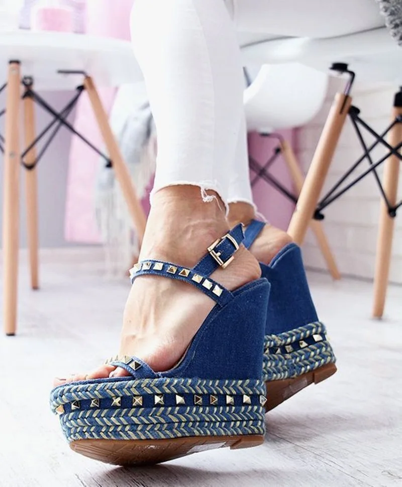 New Fashion Wedge Heel Braided Rivets Sandals Ultra High Heel Strappy Platform Pumps Spring Summer Party Shoes Dropship 2019