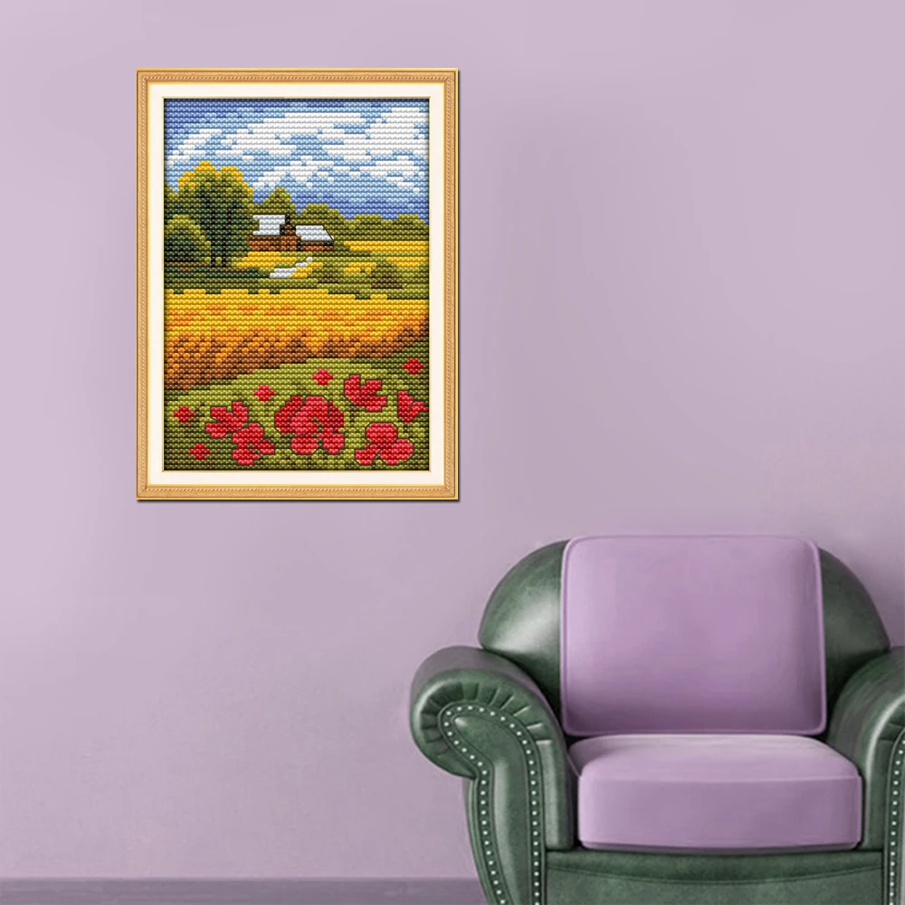 Joy Sunday scenic style Beautiful field mini cross stitch embroidery kits stamped 14ct and 11ct for beginners
