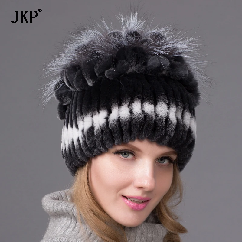 Fashion Women Winter Natural Real Rex Rabbit Fur Hat Feather Fox Knitted Hedging Cap Female 2024 New Shelves THY-10
