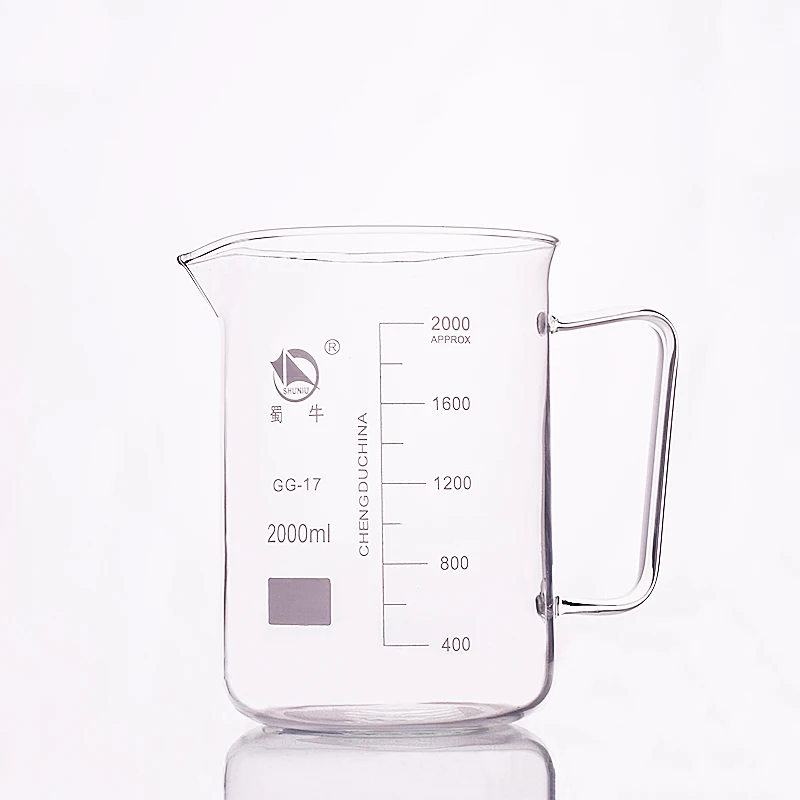 

With handle beaker in low form,Capacity 2000ml,Outer diameter=134mm,Height=196mm,Laboratory beaker with handle