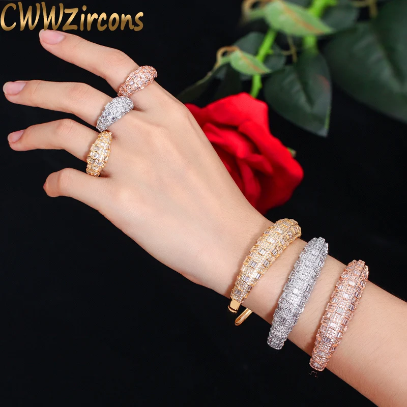 CWWZircons Luxury Cubic Zirconia Rose Gold Color Women Wedding Party Bangle Bracelet and Rings Sets Bridal Costume Jewelry T324