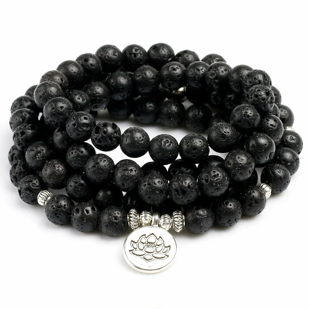 8mm Natural Lava Rock Stone Healing 108 Buddhist Prayer Beads Mala Men Women Bracelet Necklace Essential oil therap Yoga Jewelry