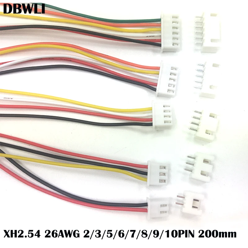 Conector do cabo de fio, 26AWG, 20cm de comprimento, JST, XH2.54, XH 2.54 milímetros, 2, 3, 4, 5, 6, 7, 8, 9, 10 passo do pino, 10 grupos