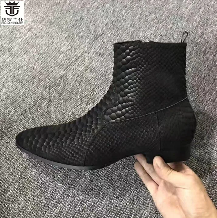 FR.LANCELOT 2020 snakeskin print leather boots fashion matt Leather ankle botas party shoes male zip up motorcycles men booties