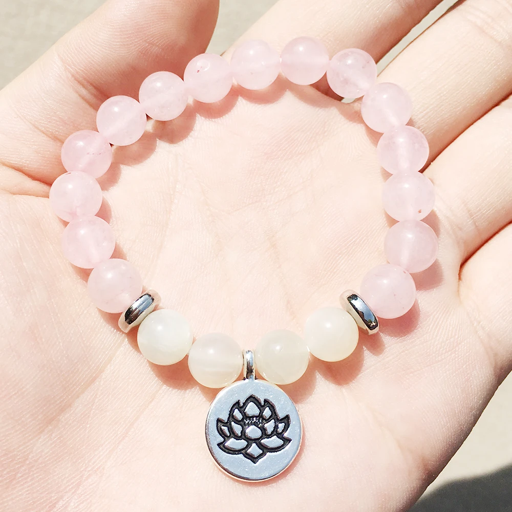 Ruberthen Designer Rose Quartz Lotus Bracelet Natural Moonstone Bracelet High Quality Spirituality Healing Energy Jewelry