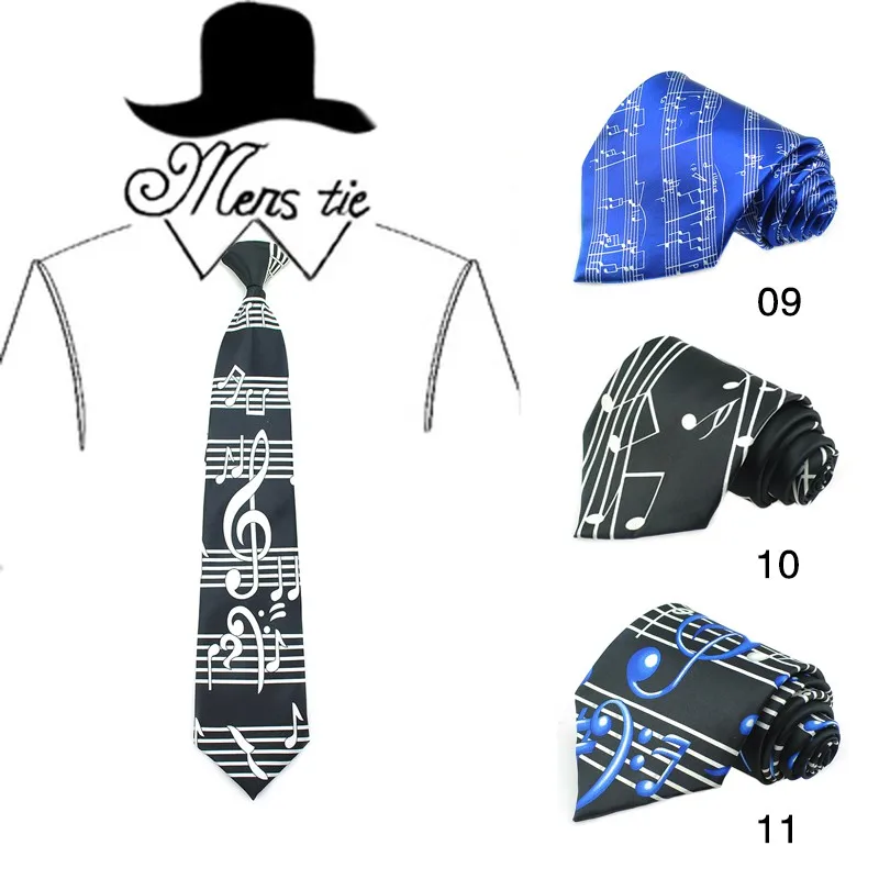 Necktie Men`s Party tie Gift Cravat Ties For Men Brand Design Music Note Black 4 inch Royal Blue Sound Spectrum Big Music Score