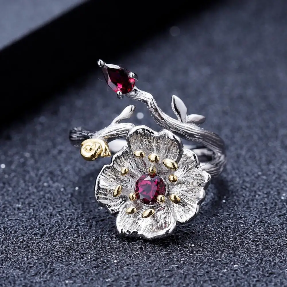 GEM\'S BALLET  Natural Rhodolite Garnet Ring 925 Sterling Silver Handmade Blooming Poppies Flower Rings for Women Fine Jewelry
