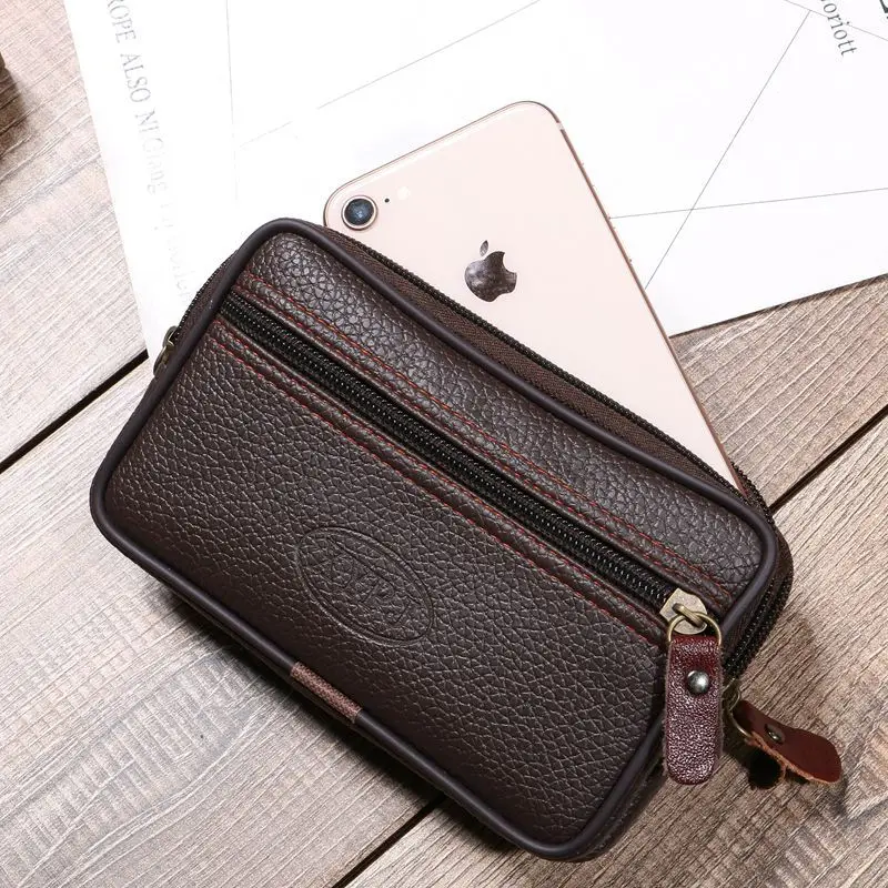 

Men Leather Waist Bag Multifunction Outdoor Small Wear-Resistant Waist Pack with Dual Phone Pocket & Zipper Coin Purse