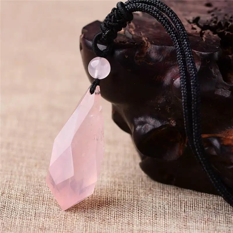 Natural Rose Quartz Pendant Pink Rock Crystal Wand Reiki Healing Energy Stone Lucky Love Gift Men Women Jewelry Necklace Pendant