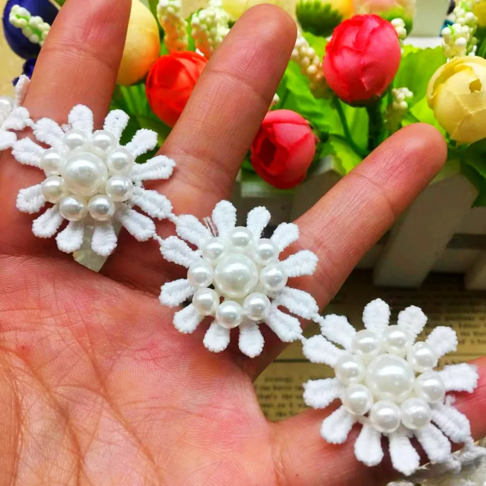 10/20/50Pcs Vintage Flower Heart Pearl Lace Edge Trim Wedding Ribbon Fabric Embroidered Applique DIY Sewing Craft Dress Wedding