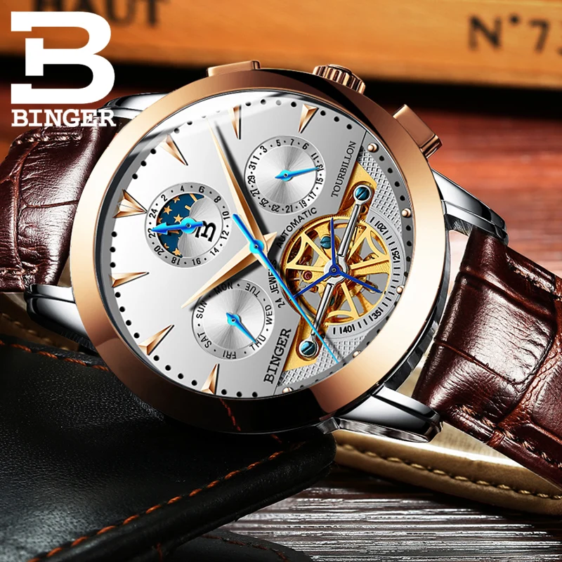 Tourbillion Mechanical Wristwatches Switzerland luxury Men\'s watch BINGER brand Sapphire Genuine Leather Strap Clock B1188-10