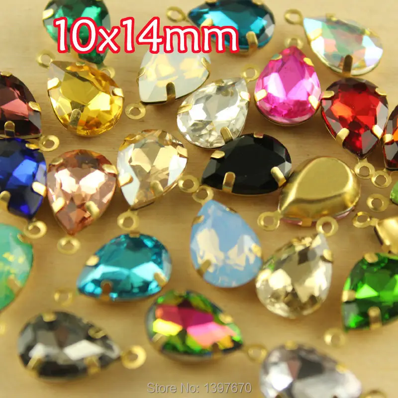 36pc 10x14mm teardrop  glass crystal Vintage shining Rhinestone single Daggle Beads pendant with gold casting connectors