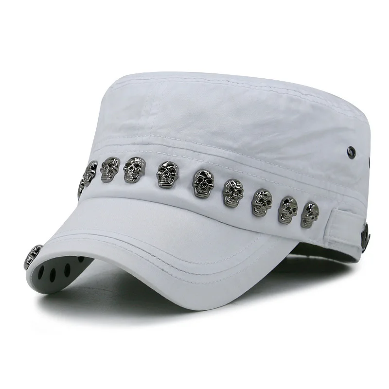 Cool Skull Rivets Punk Hip Hop Flat Top Cap Men Women SunShade Cotton Sports Sunscreen Baseball Cap Sun Hats P44