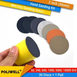 2 Inch (50mm) 60/240/600/1000/5000/10000 Grits Waterproof Hook&Loop Sanding Discs+ Hand Sanding Pad Kit for Wet/Dry Polishing