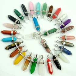Natural Gem Stone Lapis Opal Crystal Quartz Hexagonal Pendulum Reiki Charm Penduloum Pendants DIY Jewelry Making Necklaces 24Pcs