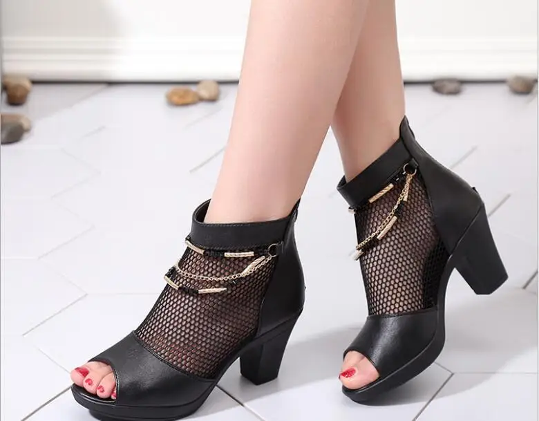 Summer new hot women sandals high heels women shoes fashion Fish mouth net shoes comfortable zipper sandals for women