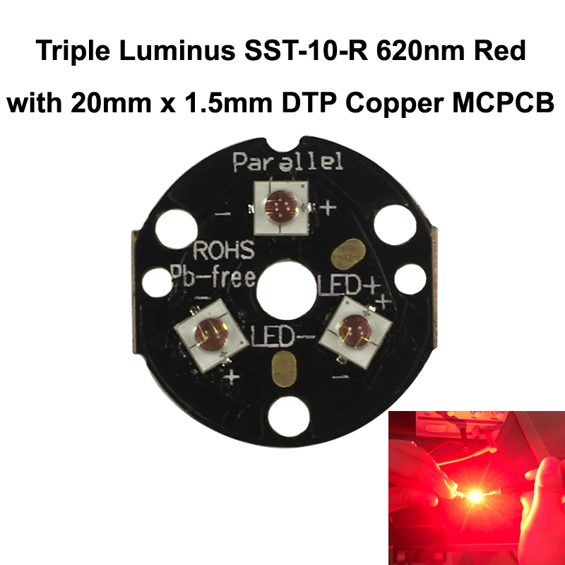 Triple Luminus SST-10-R 620nm Red LED Emitter with 20mm x 1.5mm DTP Copper PCB (Parallel) w/ optics