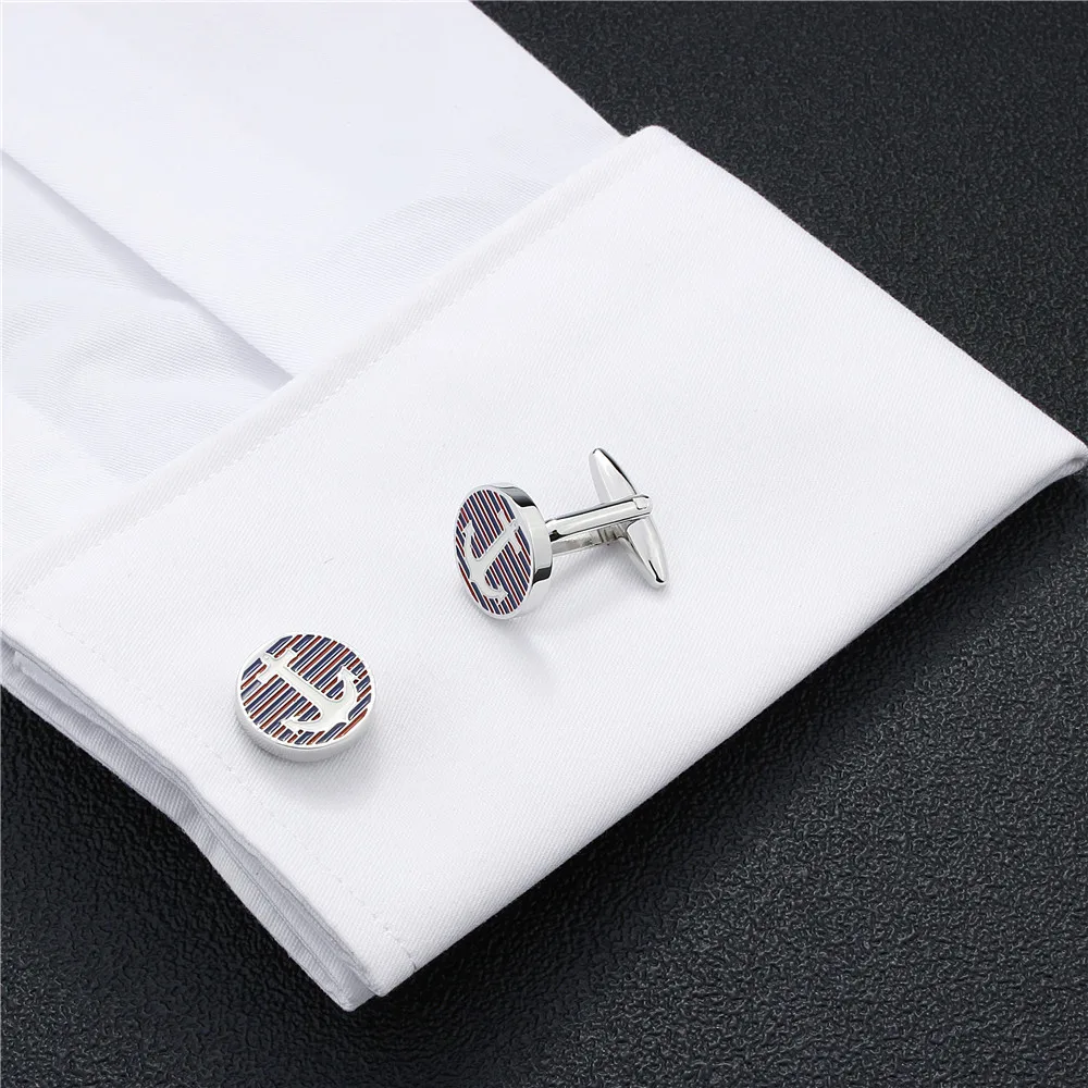 HAWSON Enamel Cufflinks Anchor Red&Blue Stripes Round Cufflinks High Quality cufflinks for mens shirt with jewelry box cuff